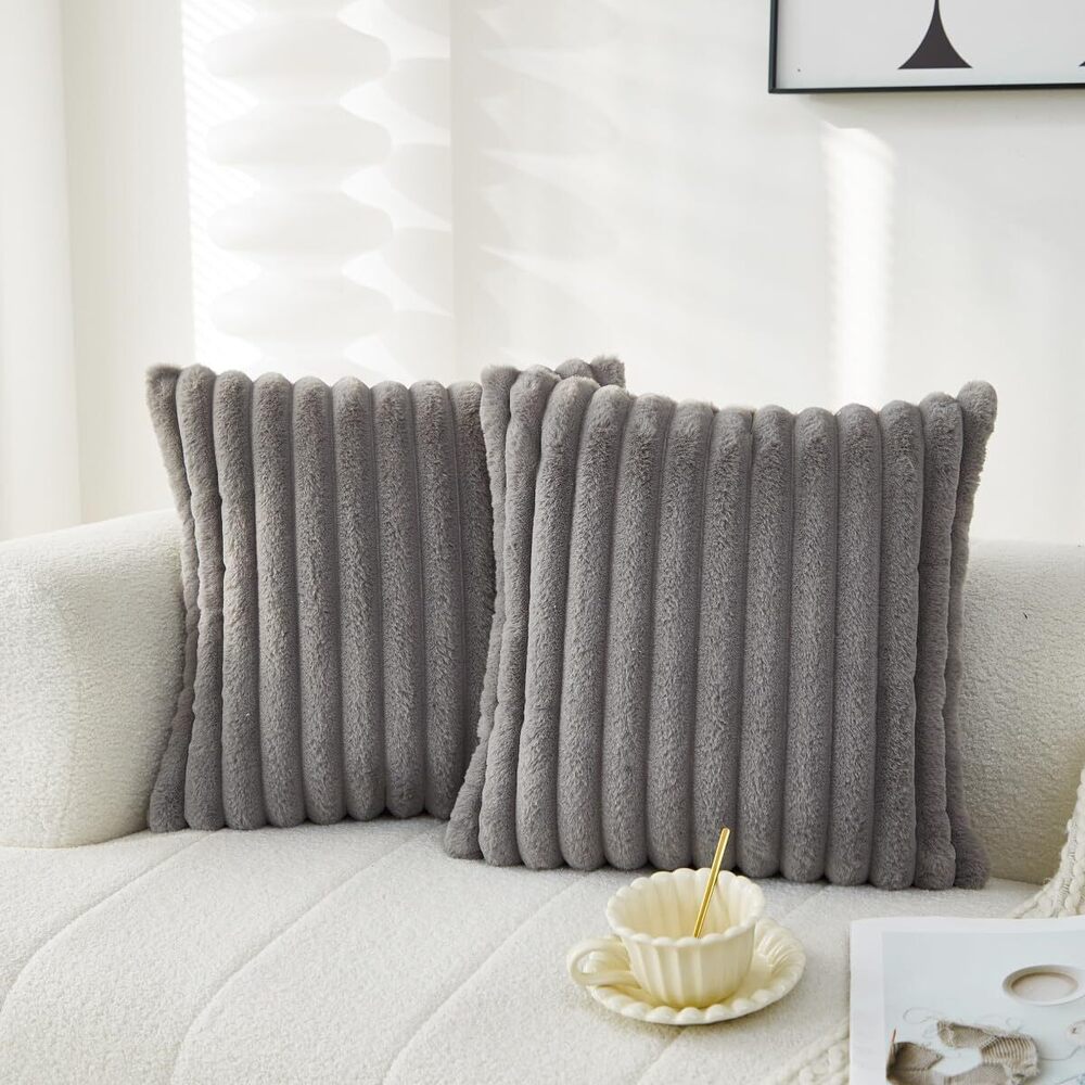 7417 Grey Striped Decorative Pillow Covers 20x20 Inch Set of 2 Double-Sided